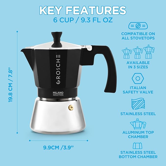 GROSCHE Milano Induction Stovetop Espresso Maker Moka Pot 6 Cup (Black)