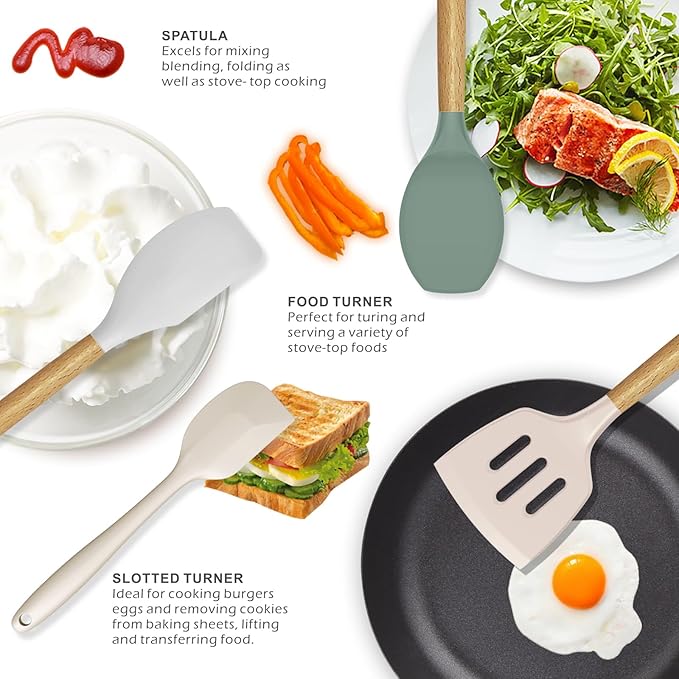 oannao Silicone Cooking Utensils Set - 446°F Heat Resistant Silicone Kitchen Utensils for Cooking,Kitchen Utensil Spatula Set w Wooden Handles, BPA FREE Gadgets for Non-Stick Cookware (Colorful)