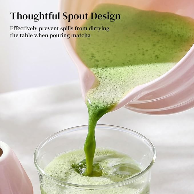 DOWAN Matcha Whisk Set, 7 Pcs Matcha Set Includes Bowl with Spout, Whisk and Holder, Bamboo Scoop and Holder, Sifter and Tea Towel - Matcha Kit Gift for Lovers Beginners (Pink)
