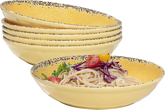 ZAROCRUS Farmhouse Melamine Pasta Bowls Set, 42 OZ Large Salad Bowls Set, 9.25 inch 6 Piece large Soup Bowls,Wide and Shadow Rustic Round Serving bowl, Set of 6 Dinner Bowl,Yellow…