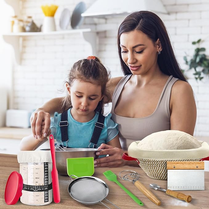 HASHMUST 33 Pcs Sourdough Starter Kit, Sourdough Bread Baking Supplies, 9'' Round & 10" Oval Cotton Rope Banneton Bread Proofing Basket Kit, Beginner Friendly Bread Making Tools with Starter Jar