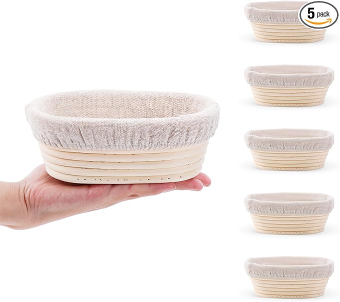 DOYOLLA Mini Oval Proofing Set (6.5inch, set of 5), Sourdough Proofing Baskets Bread Dough Rising Bowls w/Liners for Home Sourdough Bakers Baking