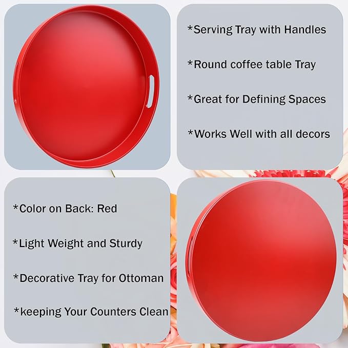 SforGUVA Round Red Decorative Serving Tray with Handles, 13” Versatile Ottoman Tray for Coffee Table, Entertaining, Outdoor Patio, Living Room