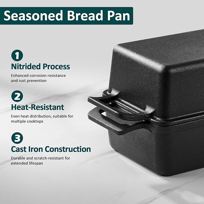 Leonyo 9"x5" Cast Iron Sourdough Loaf Pan, Pre-seasoned Dutch Oven, Black