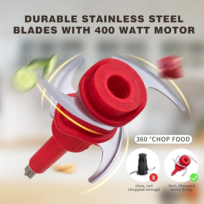 PULOYA Mini Prep Food Processor 2 Cup Small Electric Food Chopper 2 Speed for Vegetables, Meat, Fruits and Nuts with 4 Stainless Steel Blades, 400-Watt, Red