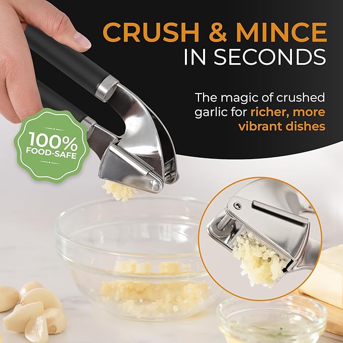 ORBLUE Garlic Press and Peeler Set, Stainless Steel - Professional Grade Mincer, Crusher - Dishwasher Safe & Rust-proof, Black