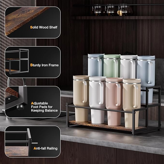2-Tier Stanley Cup Holder for 8 Tumblers, Lid Organizer, Natural Wood