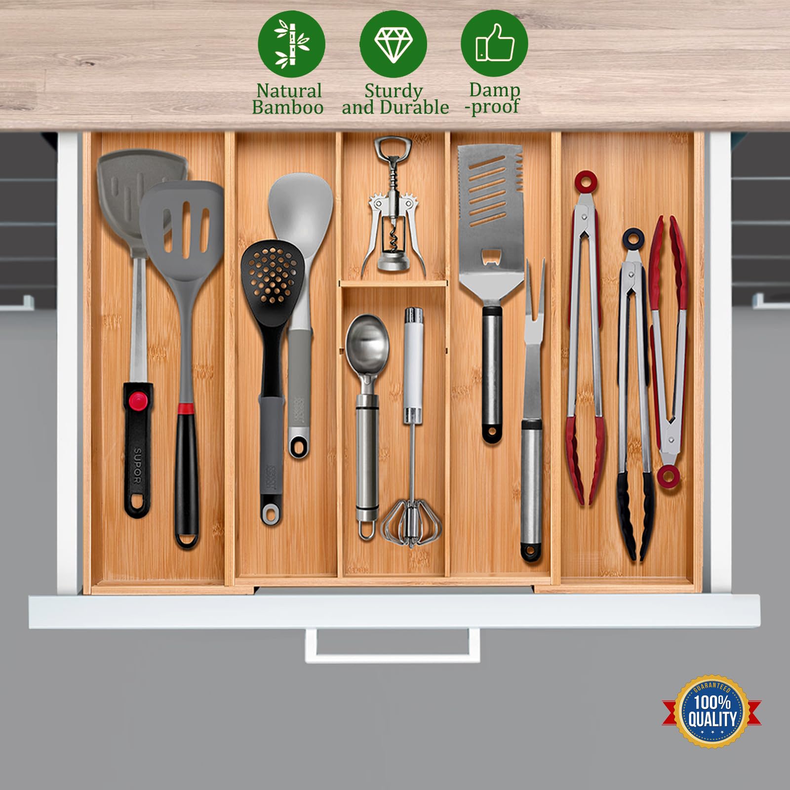 guiogc Bamboo Silverware Organizer, Expandable Kitchen Drawer Organizer and Utensil Organizer, Cutlery Tray with Drawer Dividers for Kitchen Utensils and Flatware, Bedroom, Living Room (Natural)