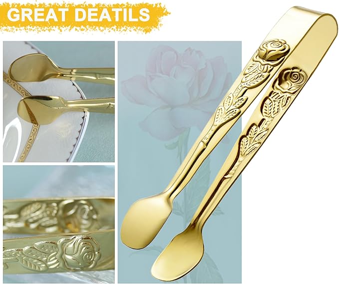 HINMAY 6PCS Mini Serving Tongs 5" Small Rose Appetizer Tongs (Gold)
