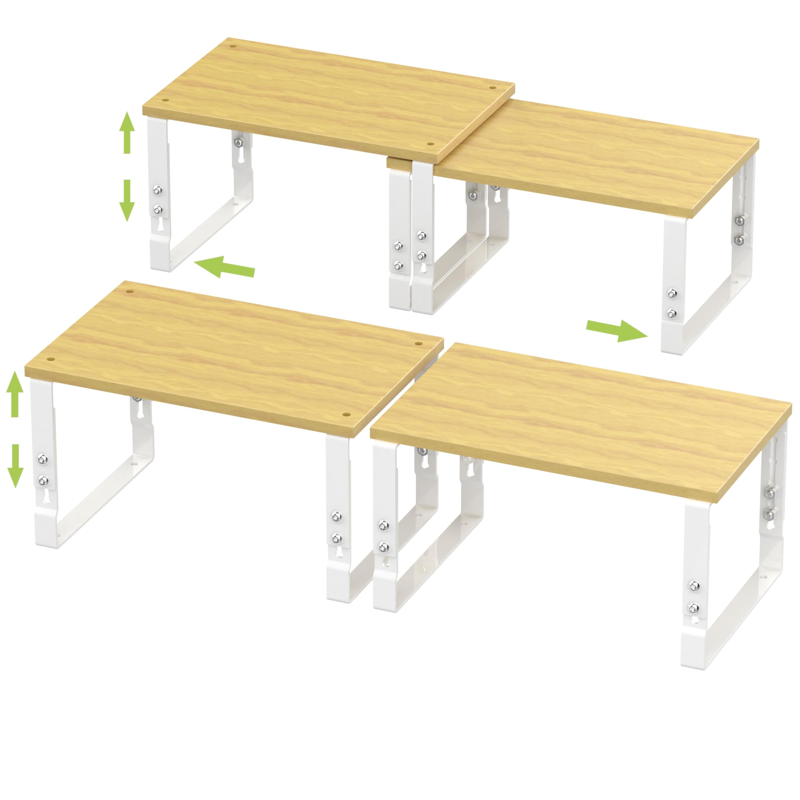 Adjustable Storage Shelves for Kitchen Cabinet Organization - Set of 2 Stackable Metal & Solid Wood Racks, Space-Saving Design for Countertop/Pantry/Garage, Easy Assembly(2 Packs/Medium/White)