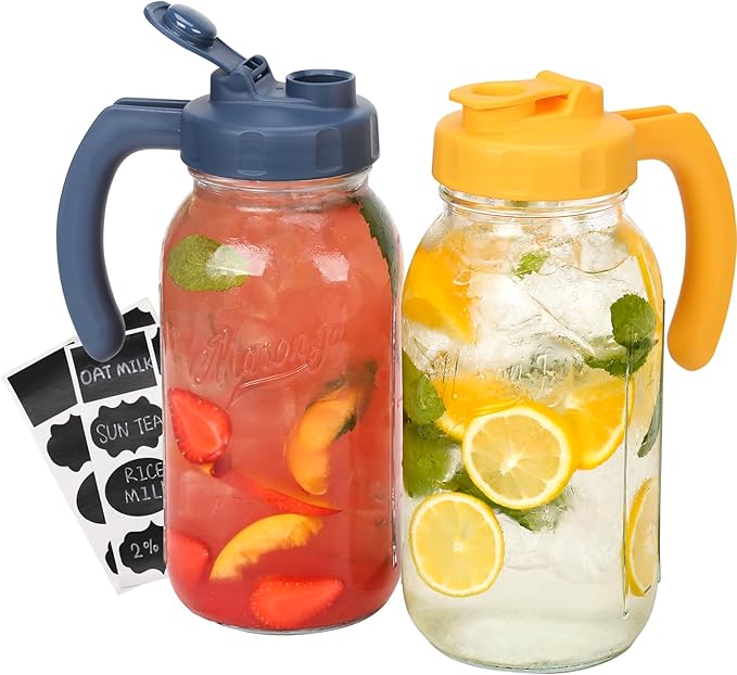 SOLIGT 2 Quart Glass Mason Jar Pitchers with Lids, Navy & Yellow, 2 Pack
