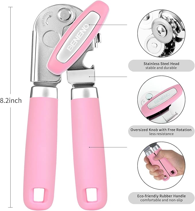 Beneno Heavy Duty Hand Can Opener Manual with Magnet Lid Remover, Pink