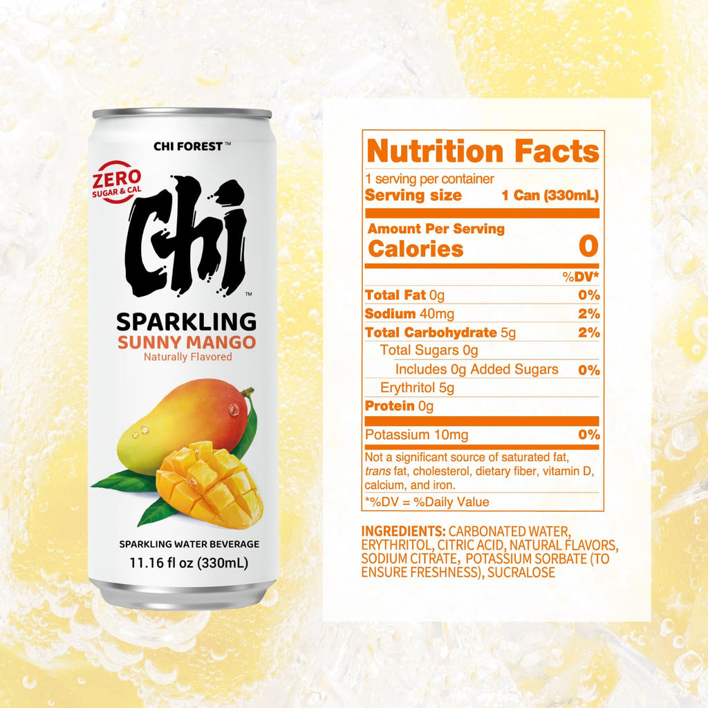 CHI FOREST Mango Sparkling Water Beverage, Zero Sugar Drinks, Zero Artificial Flavor, 11.16 fl oz Cans (Pack of 24)