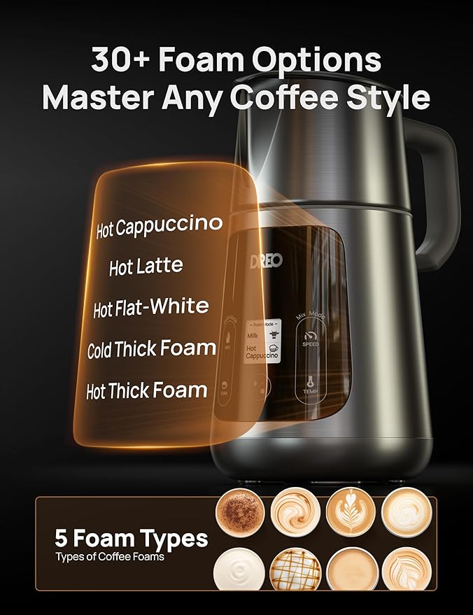 DREO Milk Frother, All-in-1 Electric Foam Maker for Coffee, 15oz/450ml Automatic Foam Frother for Latte Art-level Microfoam, 30+ Drinks, Easy to Clean, Dishwasher Safe, LED display
