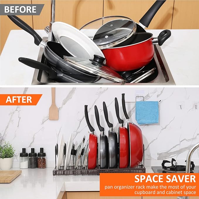 ROOHUA Pot and Pan Lid Organizer Rack for Under Cabinet, 12"-23" Expandable