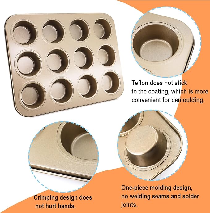 MARIWEI 2 Pack Premium Nonstick Bakeware 12-Cup, Mini Muffin Pan, Dishwasher Oven Safe(Golden, 12 Cup (2 pcs)