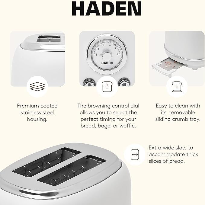 Haden Chelsea 2-Slice Wide Slot Stainless Steel Toaster with Adjustable Browning Control & Non-Slip Feet, Ivory & Chrome