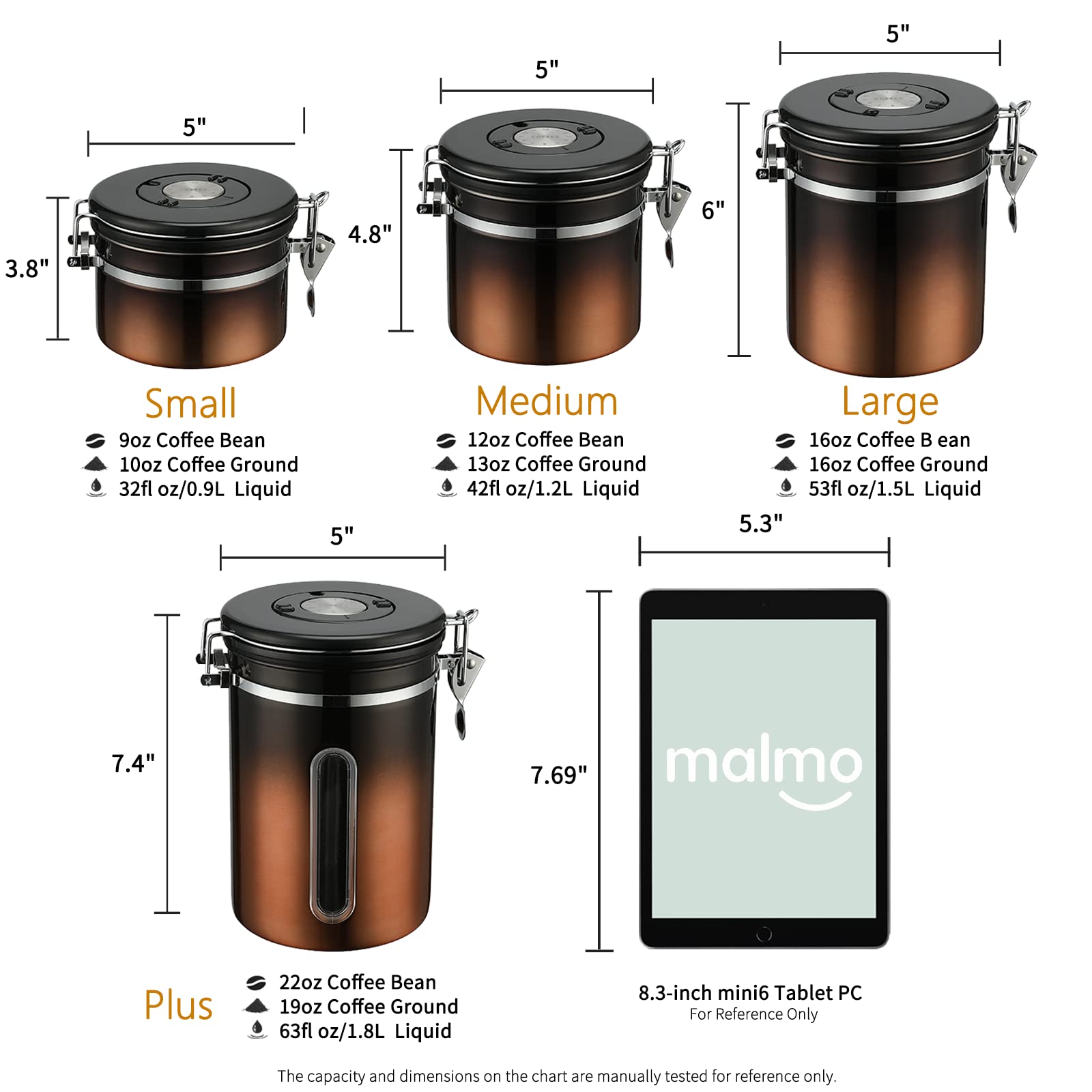 malmo Coffee Canister, Airtight Coffee Container with Date Tracker Lid, Stainless Steel Canister for Kitchen Food Storage (Black-Copper, 9oz)