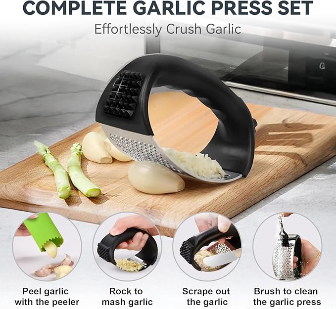 Ywmoml 2 Pack Garlic Press Rocker Set – Innovative Stainless Steel Garlic Mincer & Crusher with 2 Peelers, 2 Scrapers, and 2 Brushes for Effortless Garlic Prep | Complete Garlic Tool Kit (GREEN)