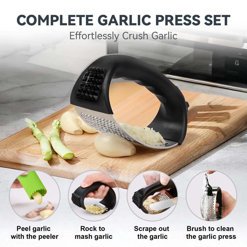 Ywmoml 2 Pack Garlic Press Rocker Set – Innovative Stainless Steel Garlic Mincer & Crusher with 2 Peelers, 2 Scrapers, and 2 Brushes for Effortless Garlic Prep | Complete Garlic Tool Kit (GREEN)