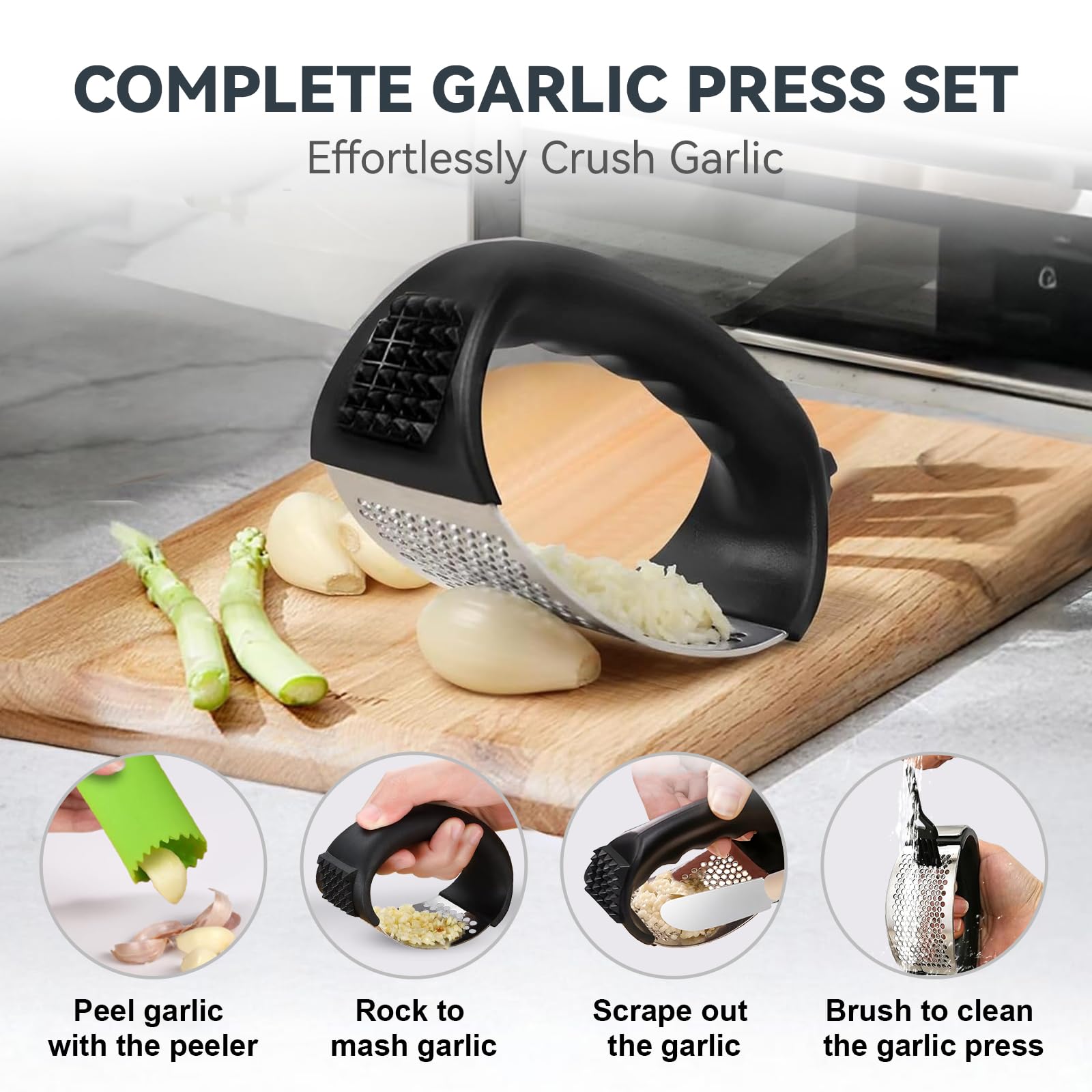 Ywmoml 2 Pack Garlic Press Rocker Set – Innovative Stainless Steel Garlic Mincer & Crusher with 2 Peelers, 2 Scrapers, and 2 Brushes for Effortless Garlic Prep | Complete Garlic Tool Kit (GREEN)
