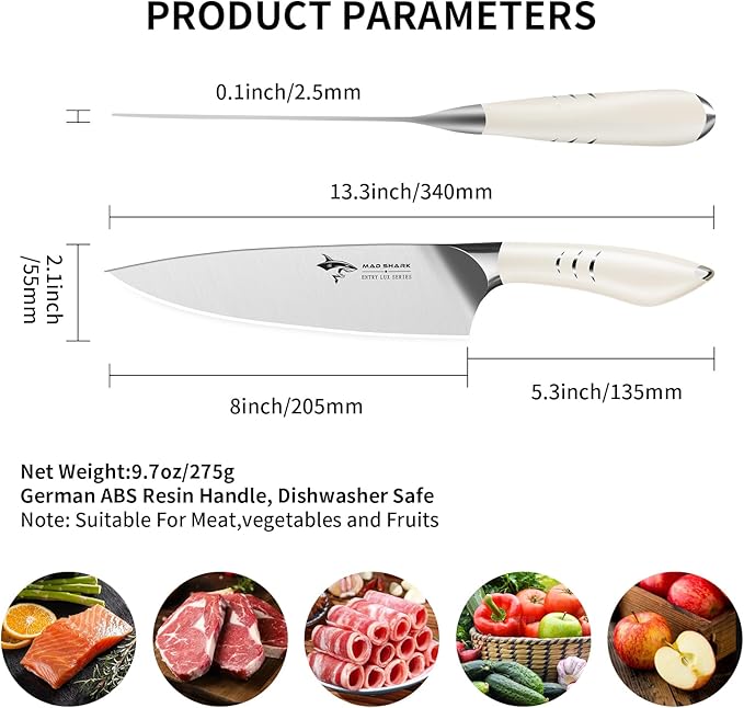 MAD SHARK Chef Knife 8 inch Sharp Kitchen Knife White