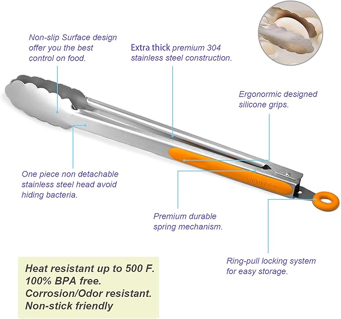 304 Stainless Steel Kitchen Cooking Tongs, 14 & 16 Inch, Set of 2, Orange