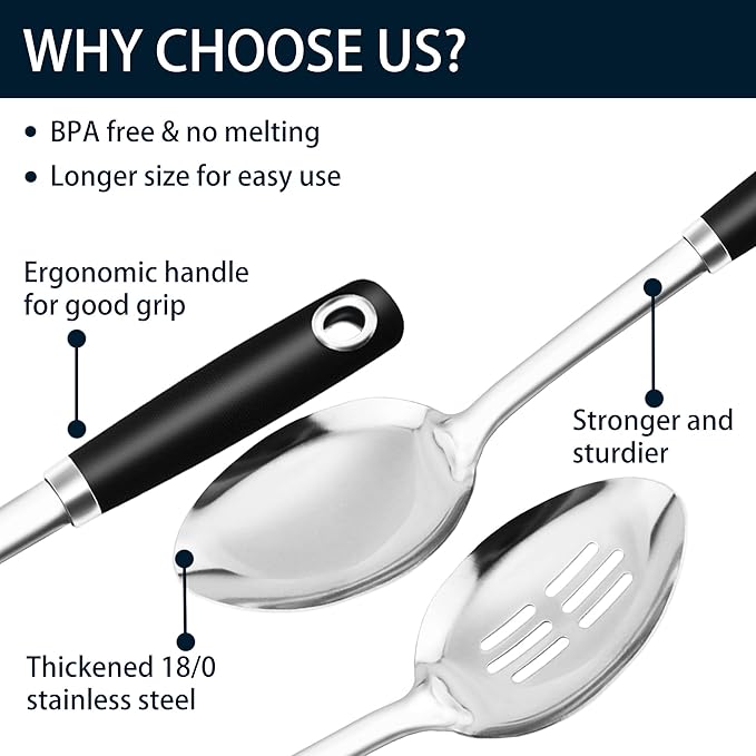 MUJINON 14-in Cooking Spoons Set, Heavy Duty 18/0 Stainless Steel Large Serving Spoons Set, Slotted Spoon, Cooking Spoon & Soup Ladle, Commercial and Residential Use, Pack of 3