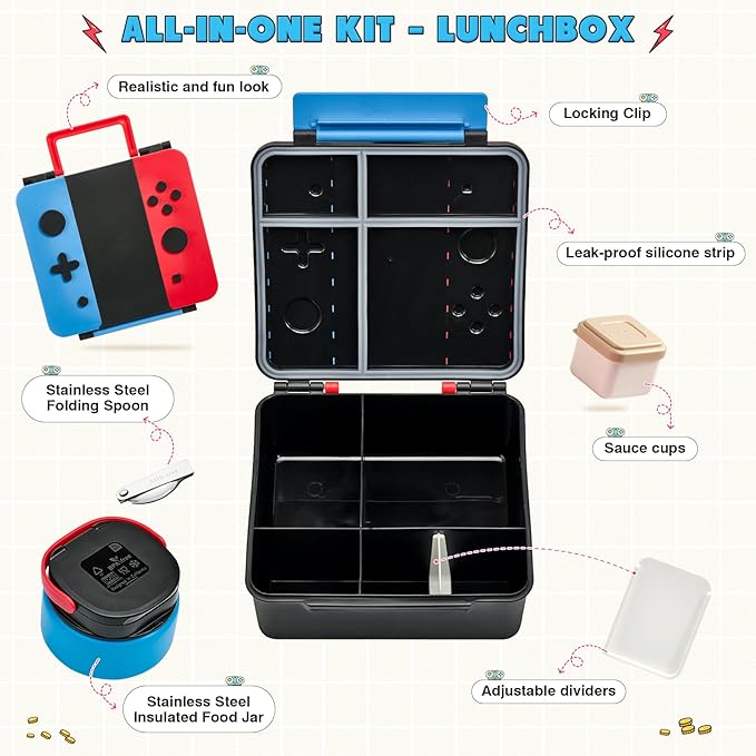 FAJSL Game Bento Box for Kids, Lunch Box with Thermo(9oz Food Jar), Folding Spoon, Removable Divider & Sauce Cup, Lunch Box Kids for School,Travel, BPA-Free & Realistic Shape(Blue-Red)