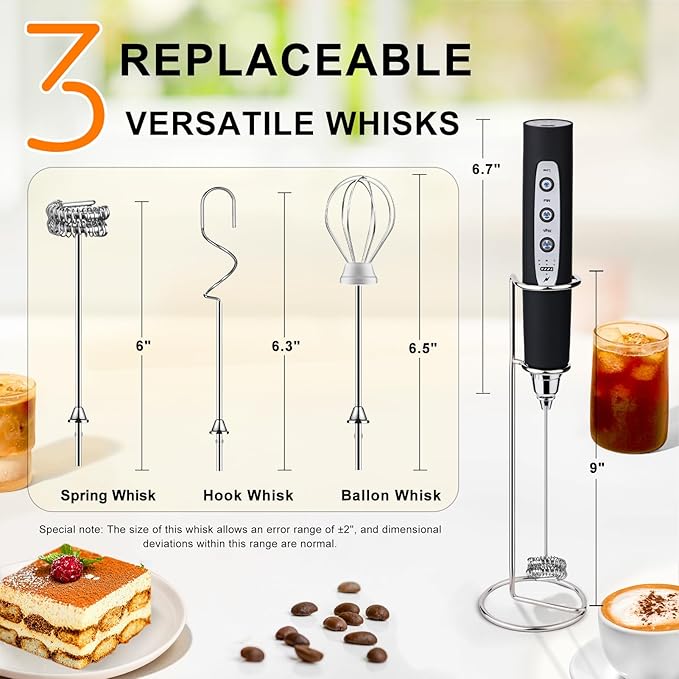 YUSWKO Handheld Milk Frother Wand for Coffee, Rechargeable Electric Whisk with 3 Heads 3 Speeds Drink Mixer Coffee Frother For Latte, Cappuccino, Hot Chocolate, Egg, Black with Holder
