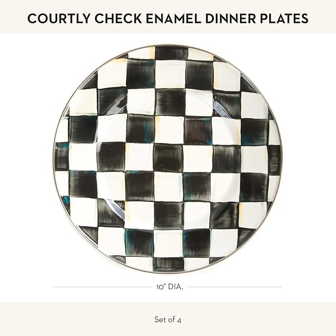 MACKENZIE-CHILDS Enamel Dinner Plate Set, Black-and-White Courtly Check
