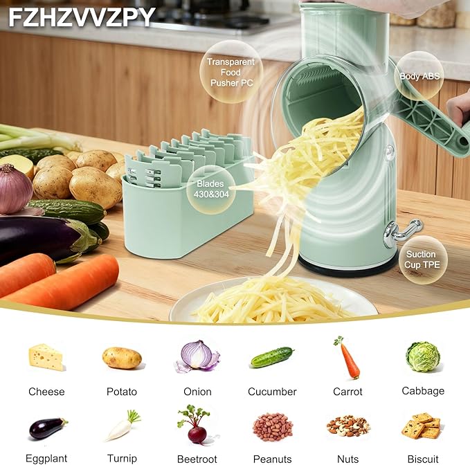 5-in-1 Rotary Cheese Grater and Vegetable Slicer with Suction Base, Green