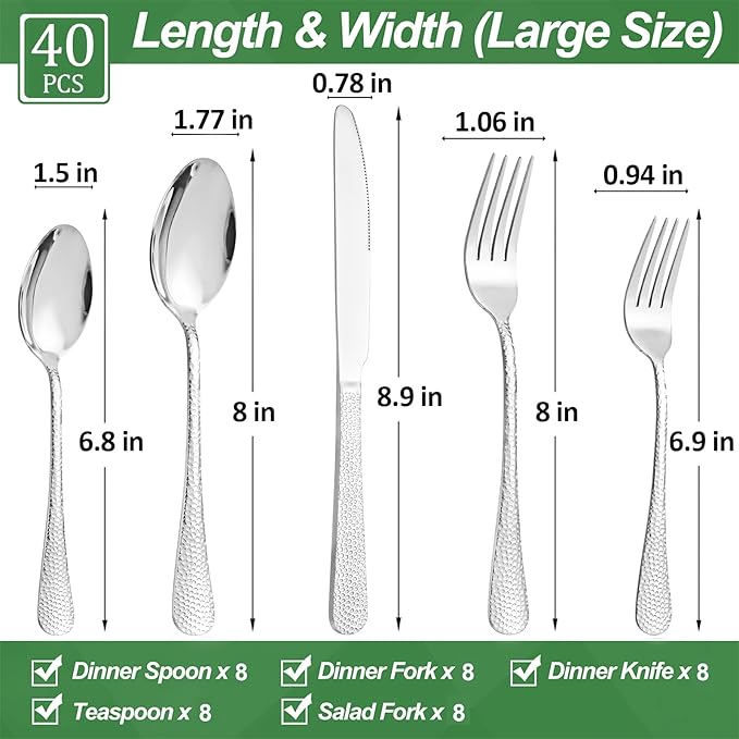 40 Pcs Silverware Set for 8, Food Grade Stainless Steel Flatware Set, Eating Utensils Sets Include Fork/Knife/Spoon, Reusable Cutlery Set for Home Kitchen, Dishwasher Safe, Wave Hammered