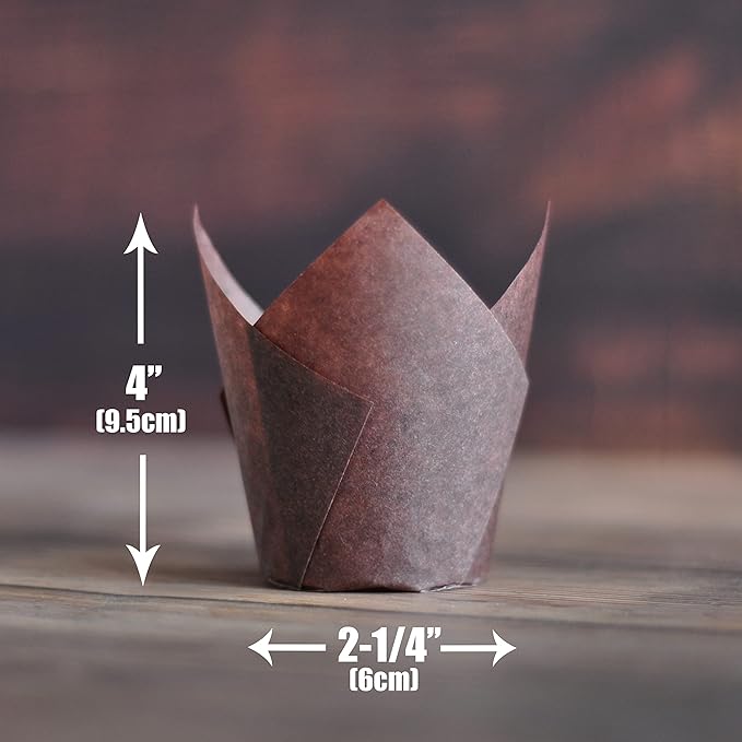 MyBakning Large size Brown Tulip Baking Cups 2-1/4"(Base diameter) x 4"(Wall height) Greaseproof paper baking cupcake Muffin liners, Case of 130 pcs
