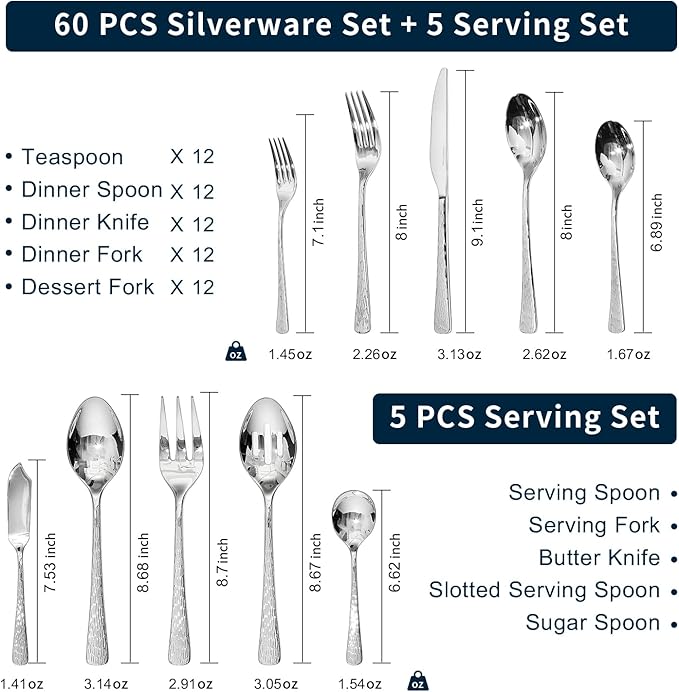 Silverware Set with Serving Utensils, 65 Piece Flatware Set, 18/10 Steel