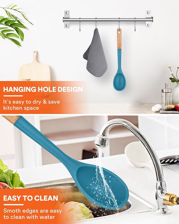 Badiano Large Silicone Cooking Spoons, Nonstick Solid Wooden Handle,13.2in