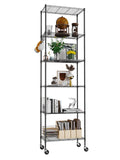 Himimi 6-Tier Storage Shelf Units, Adjustable Wire Shelving with Wheels, Metal Shelves with Stainless Side Hooks, Free Standing Shelving for Laundry Bathroom Kitchen Pantry Closet, Black