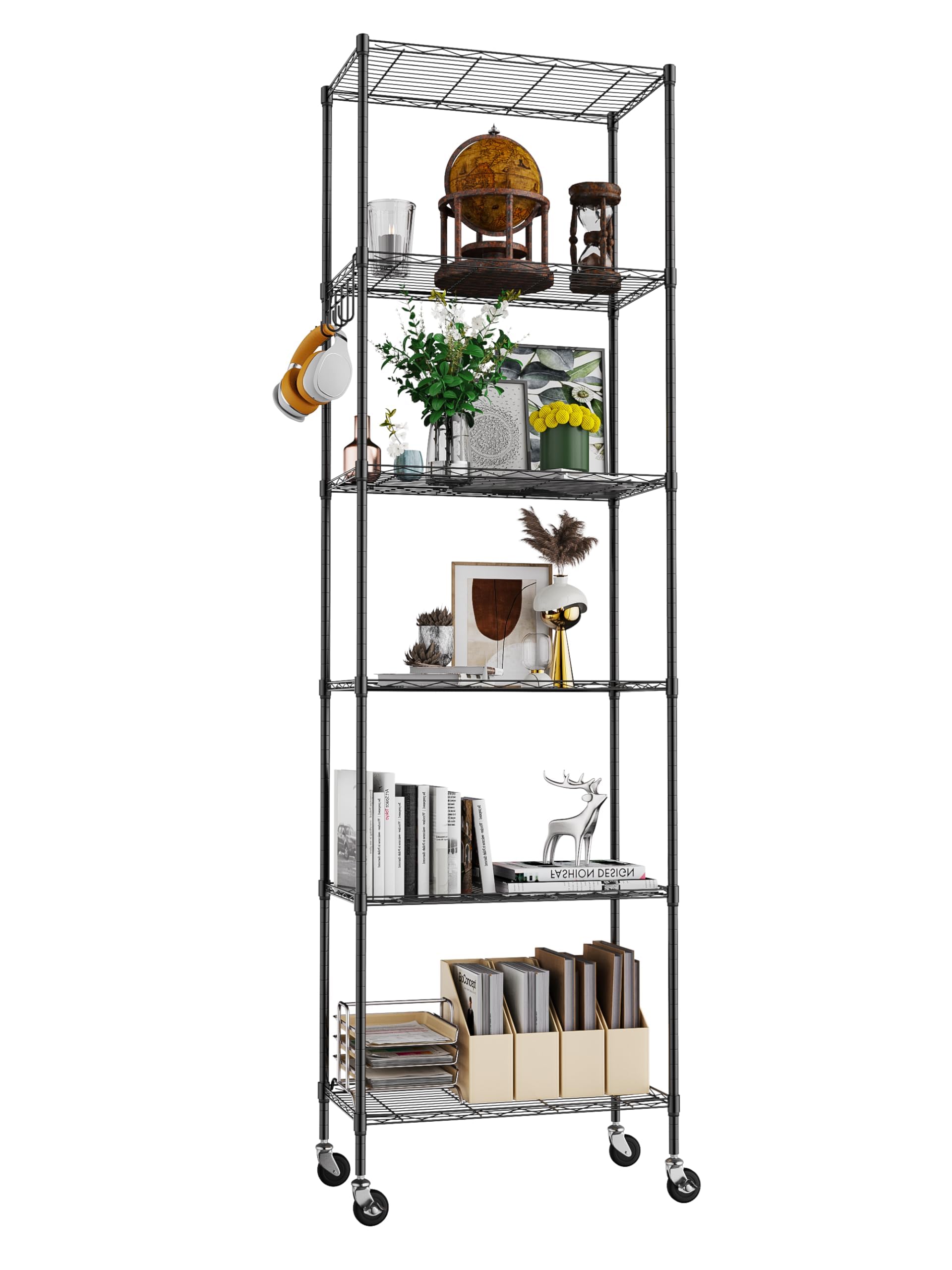 Himimi 6-Tier Storage Shelf Units, Adjustable Wire Shelving with Wheels, Metal Shelves with Stainless Side Hooks, Free Standing Shelving for Laundry Bathroom Kitchen Pantry Closet, Black