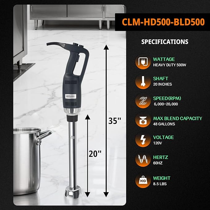 COOLUMA Commercial Immersion Blender, 500W Heavy Huty Hand Blender, With 20 Inch Detachable Shaft, 48 Gallons Capacity, Professional Industrial Grade Commercial Hand Mixer.