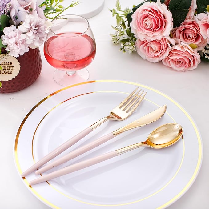 I00000 60 Pcs Pink Plastic Silverware, Fancy Gold Utensils with Pink Handle