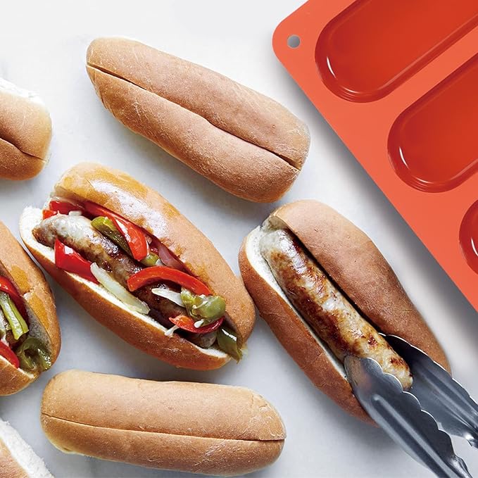 Webake 6 Inch Hot Dog Bun Pan, 2 Pack SIlicone Hotdog Bun Molds Nonstick Bread Forms, Mini Baguette Sandwich Baking Tray for Sub & hoagie roll
