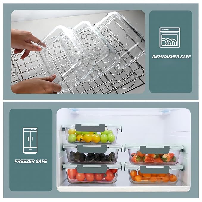 KOMUEE 30 oz 5 Pack Glass Meal Prep Containers with Lids, Gray
