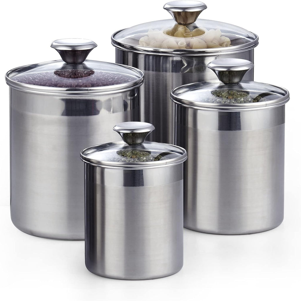 Cooks Standard Airtight Kitchen Canister Set for Coffee, Flour & Sugar Storage – Stainless Steel Food Storage Containers with Glass Lid – Pantry Organization Jars, 4 Pack