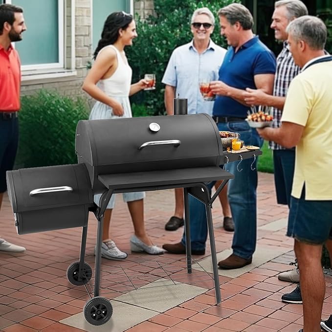 Kendane Barrel Charcoal Grill with offset smoker, 714 Square Inches Cooking Area, Outdoor BBQ Grill with Front and Side Shelf, Perfect for Backyard, Patio Parties and Picnics