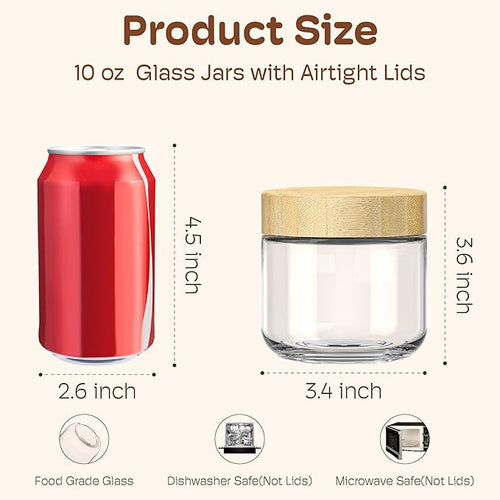 10 oz Overnight Oats Containers with Bamboo Lids, Glass Mason Jars 6 Pack