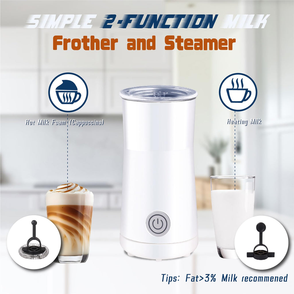 Seydere Simple Milk Frother, 2 in 1 Milk Steamer and Frother, Electric Milk Steamer, Milk Warmer and Hot Milk Foam Maker for Latter, Macchiato, Cappuccinos (White)