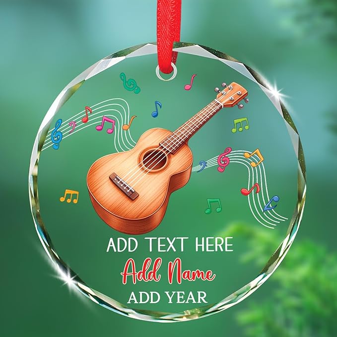 Ukulele Musical Instrument Glass Ornament Xmas 2026, Personalized Instrument Christmas Ornament Gift for Ukulele Player, Ukulelist Keepsake Christmas Tree, Custom Text & Name Musician Glass Ornaments
