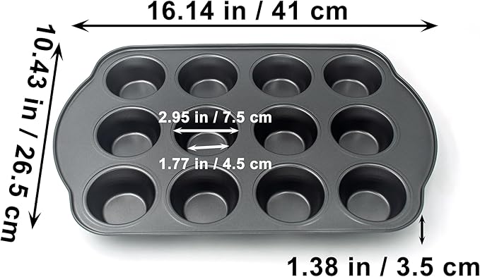 Bakexcel Non-Stick Standard Muffin Pans, 2.95" 12-Cup Set of 2 Baking Pans, Heavy Duty Carbon Steel Tins for Standard Muffins & Cupcakes