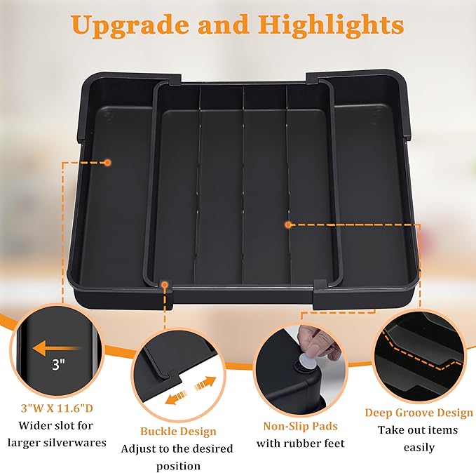Homecor Silverware Organizer - Expandable Kitchen Drawer Organizer Utensil Holder, BPA Free Flatware and Cutlery Tray for Spoons Forks Knives, Plastic Kitchen Organizer and Storage