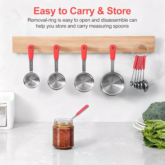 Bopei Measuring Cups and Spoons Set Stainless Steel 10 Piece for Cooking and Baking (5 Cups + 5 Spoons, Red Handle)